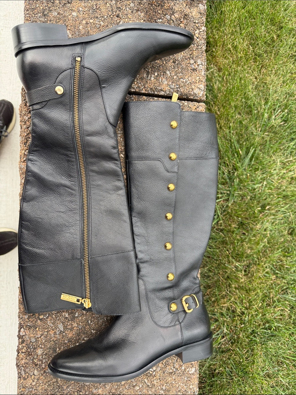KORS Michael Kors Black Leather Riding Boots with Gold Hardware
